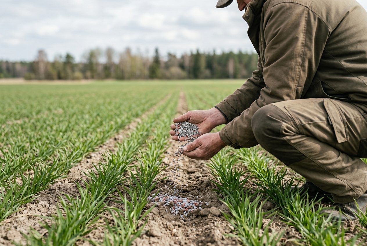 Farmer crouching in a spring wheat field holding a handful of fertilizer granules