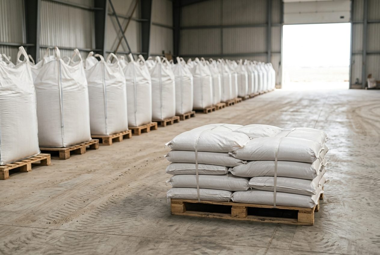 Pallet of white 25 kg fertilizer sacks with rows of big bags in a distribution warehouse