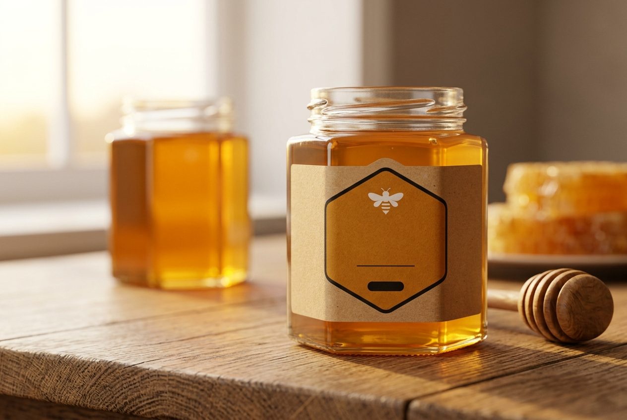Honey jar with food-contact compliant kraft label