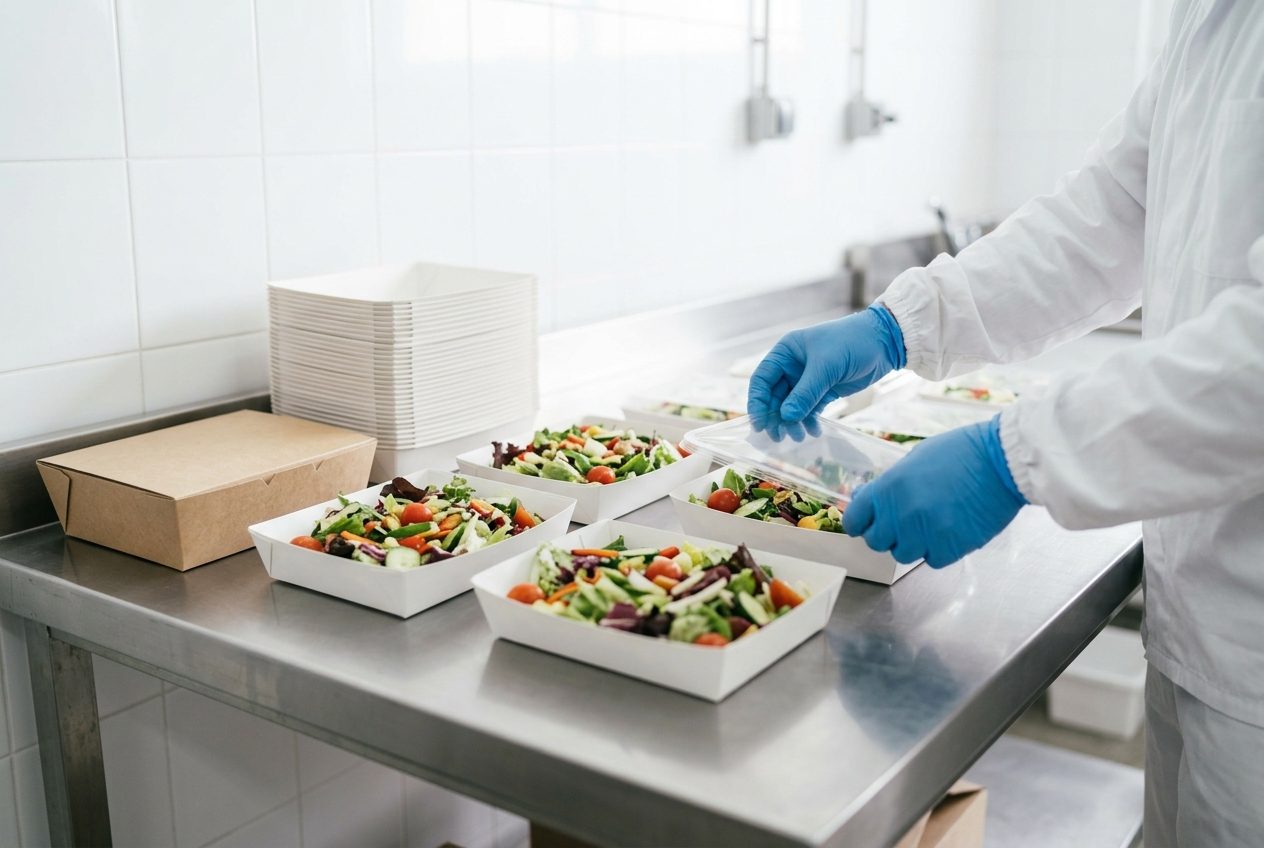 Paperboard trays of fresh food being lidded in a packing room